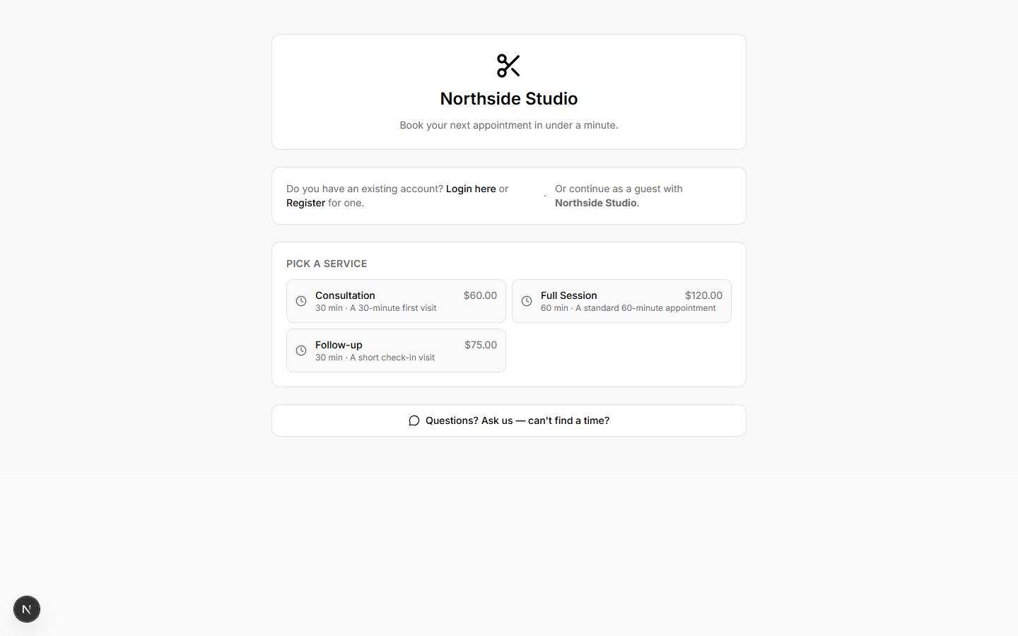 The customer-facing booking page listing services with durations and prices.