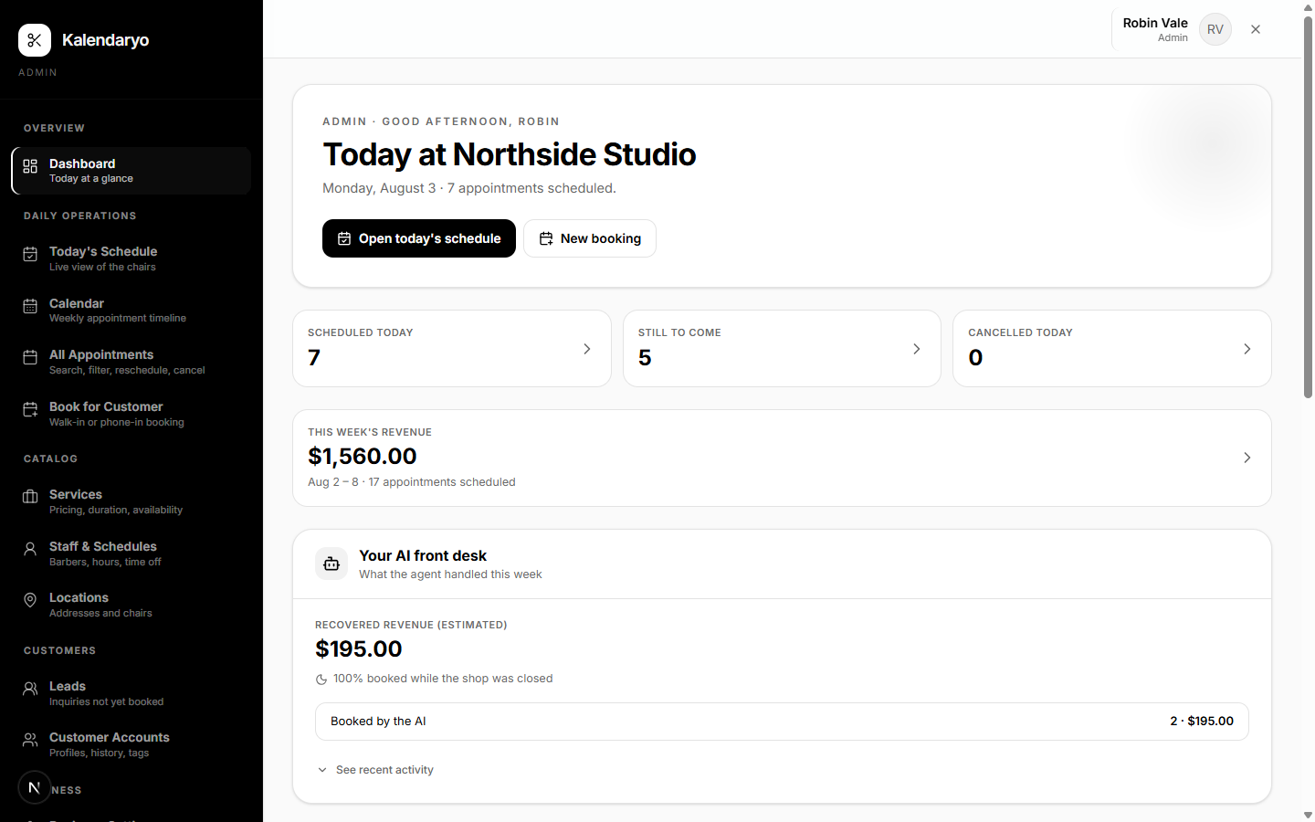 Kalendaryo dashboard showing today's appointment counts, week revenue, and an AI front desk panel.