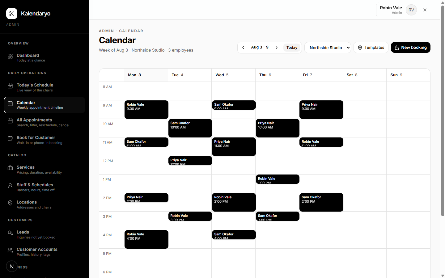 A weekly calendar grid with appointments laid out across three staff members.